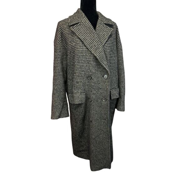 ZARA Houndstooth Wool Blend Long Coat Size L Brown Navy Double Breasted - Picture 4 of 14